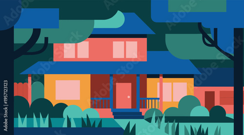 Suburban house surrounded by trees in residential neighborhood scene