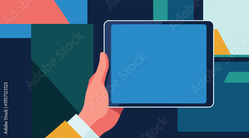 Hand holding blank tablet against abstract geometric background