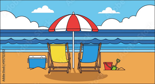 Two beach chairs and an umbrella on a sandy beach.