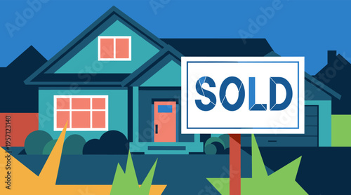House with sold sign on front lawn under blue sky in residential neighborhood