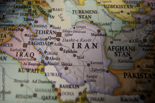 Close-up view of Iran and its neighboring Middle Eastern countries on a world map, representing regional geography, geopolitical territory, and international borders