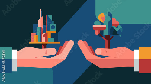 Two hands presenting city and tree in abstract background
