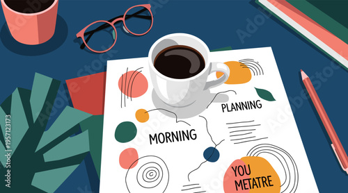 Coffee cup on planning sheet during morning workspace setup