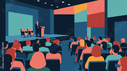 Speaker presenting to audience in conference hall setting