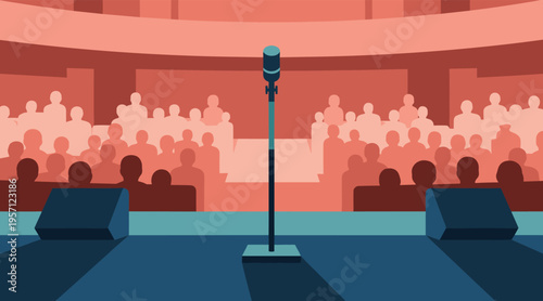 Microphone standing ready before audience in auditorium