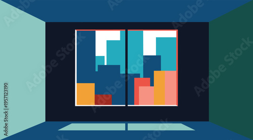 Abstract geometric art displayed through gallery window space