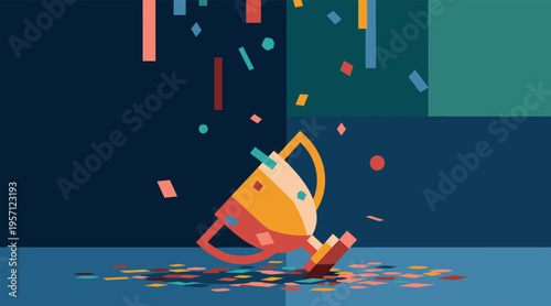Golden trophy tipped over with confetti on stage floor