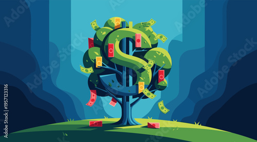 Money tree growing with banknotes in stylized landscape