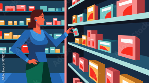 Woman selecting product from store shelf in retail aisle