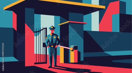 Security guard standing at gate controlling access to facility