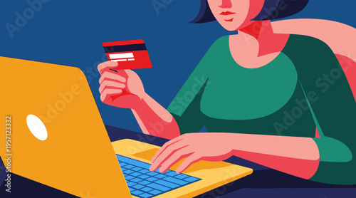 Woman entering card details while shopping online on laptop