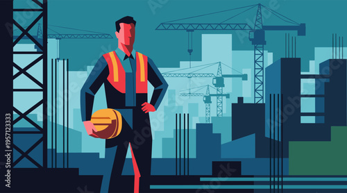 Construction worker standing with helmet at construction site