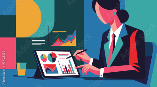 Business woman analyzing data on tablet in office setting