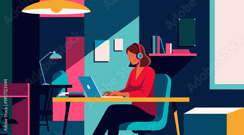 Woman working remotely at home desk with laptop and headphones