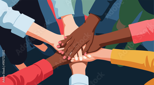 Diverse hands joining together in team unity circle
