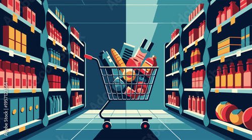 Shopping cart filled with groceries in supermarket aisle