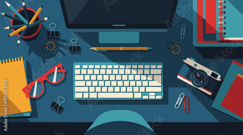 Workspace desk showing keyboard camera and office supplies