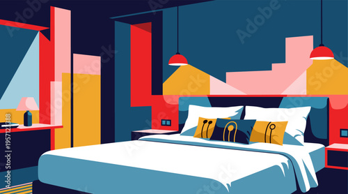 Modern bedroom with made bed in colorful hotel interior