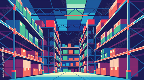 Warehouse racks filled with stacked pallets and packages