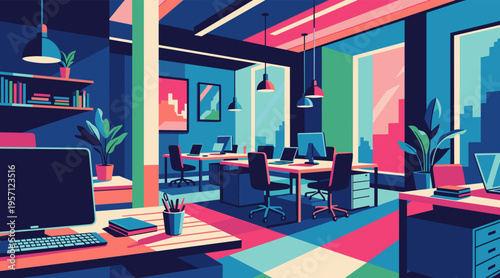 Modern open office workspace with desks and computers