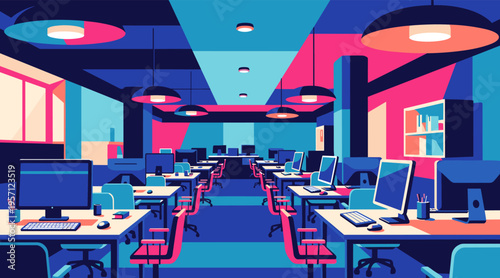 Empty open plan office with rows of computer workstations