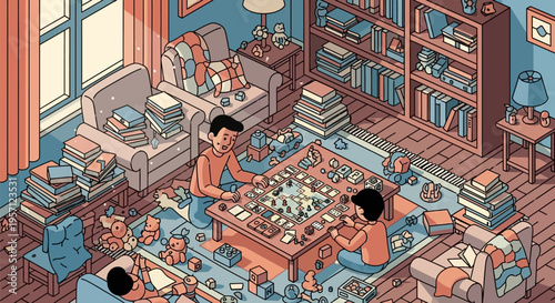 Two people engrossed in a board game, surrounded by books and cozy clutter.