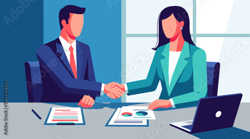 Businessman and businesswoman shaking hands at office table