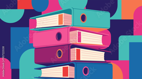 Stack of binders arranged against abstract geometric background