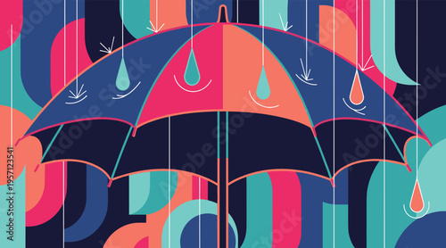 Umbrella protecting from stylized raindrops in abstract pattern