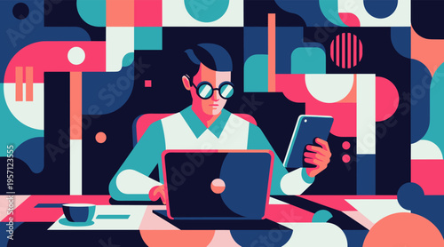 Young man using laptop and smartphone in abstract workspace