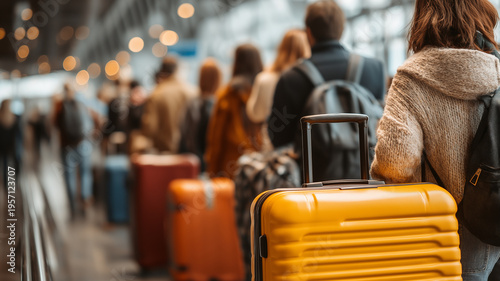 空港でスーツケースを持つ旅行者の列 インバウンド需要や観光をイメージしたシーン
