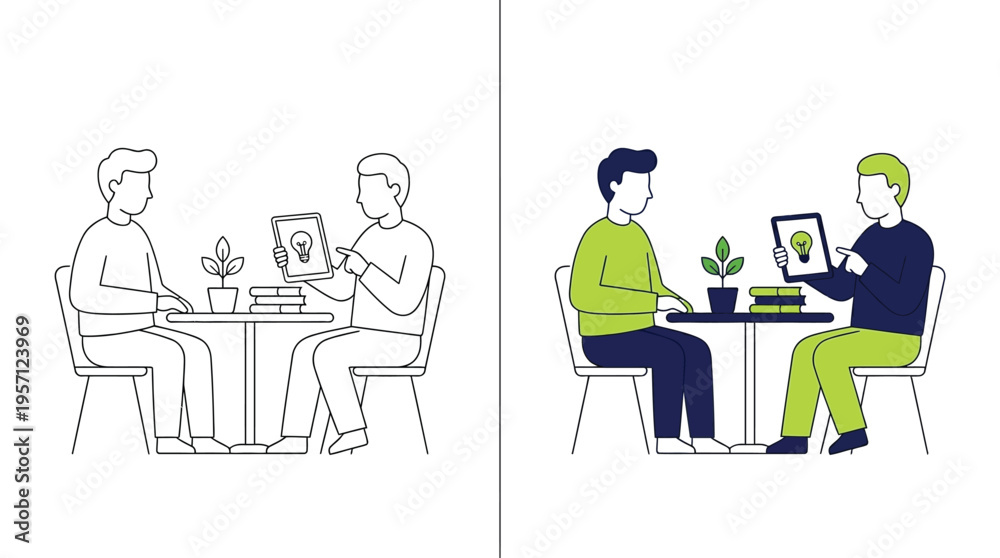 Fototapeta premium People Sitting at Table with Laptops in Modern Cafe