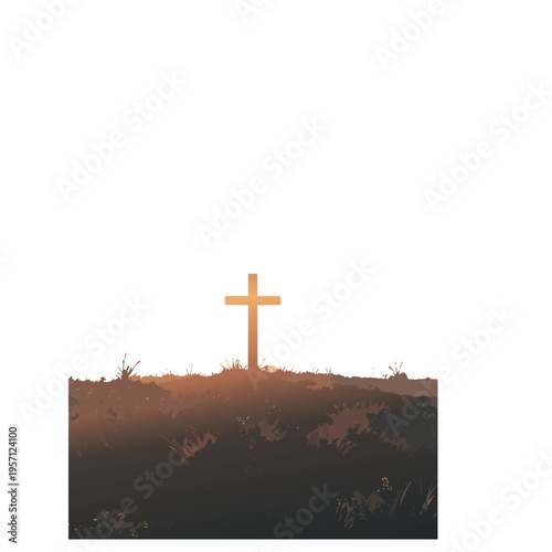 Christian Cross Silhouette At Sunset Vector Illustration