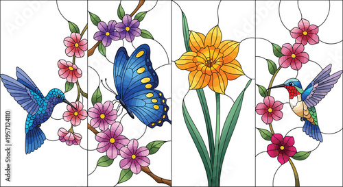 Decorative floral panels with hummingbirds and butterfly. Colorful flowers and birds in stained glass style composition. Artistic illustration isolated on white background.