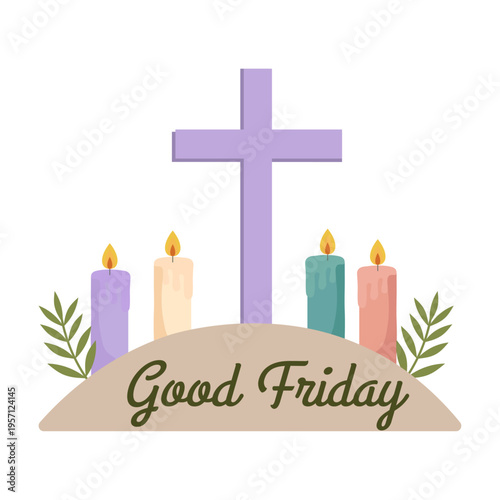 Good Friday Religious Cross with Burning Candles and Palm Leaves Illustration