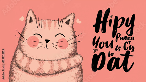 Cute blushing cat with Happy Valentine's Day text vector
