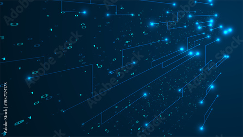 Abstract blue technology background with binary code and glowing dots. Graphic concept for your design