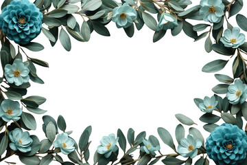 Teal and turquoise flowers framing transparent background, eucalyptus leaves creating elegant botanical border for design