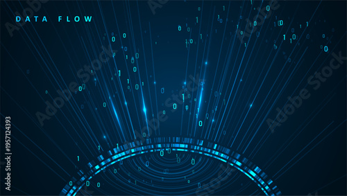 Digital data flow background with glowing binary code and rays. Graphic concept for your design