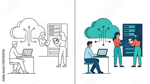 Cloud Computing Data Center Team Working on Servers with Laptops