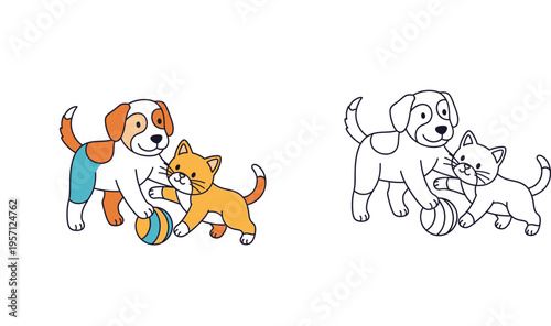 Cute Puppy and Kitten Playing with Ball Vector Illustration, Cartoon Pets Friendship Character Design Set with Coloring Book Page Outline for Kids Education and Creative Activities