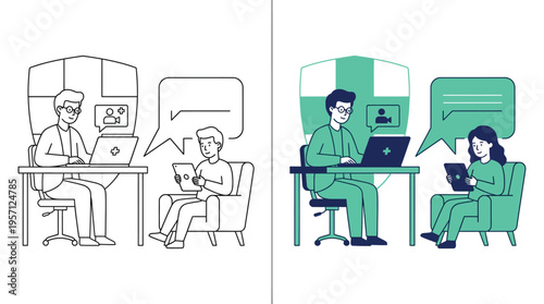 Business People Communicating Online via Laptop and Tablet in Office