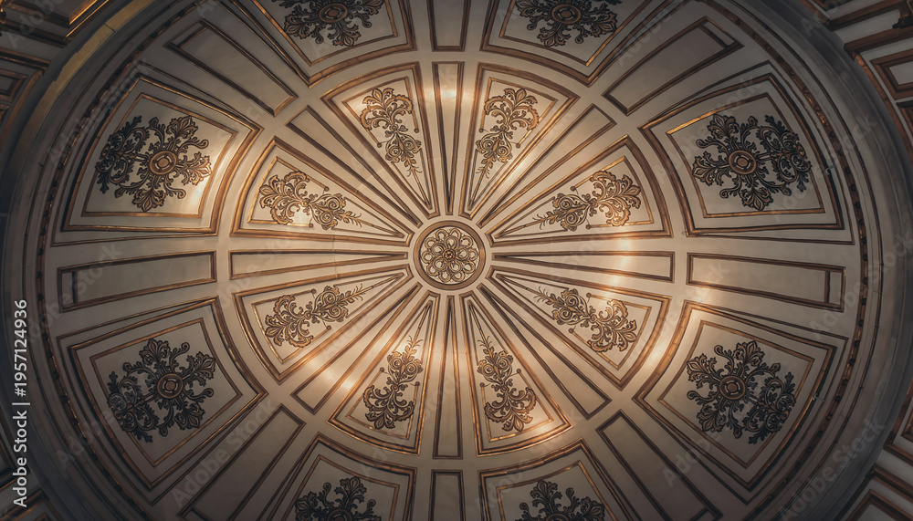 Fototapeta premium Ornate ceiling with intricate floral and geometric patterns in gold and dark tones.