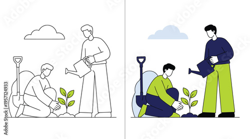 Two Men Planting Sapling in Garden with Watering Can