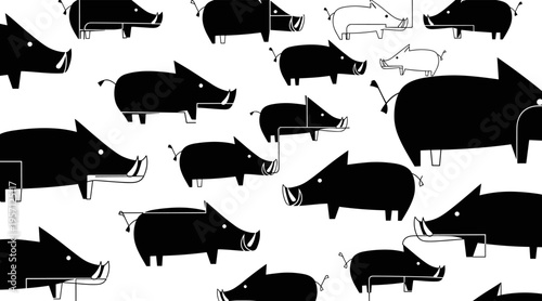 Wild boar silhouettes repeated across white background, no seamless