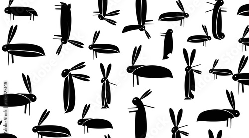 Rabbit silhouettes hopping and standing on white pattern, no seamless