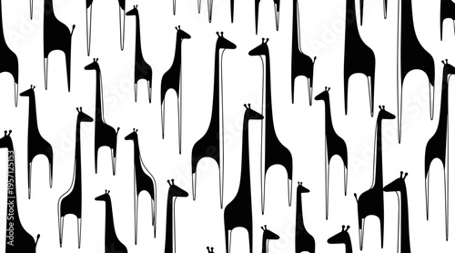 Giraffe silhouettes elongated standing in repeating herd pattern, no seamless