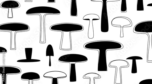 Mushroom silhouettes scattered on white seamless background, no seamless