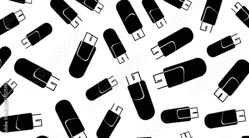 Usb flash drives scattered in repeating pattern on white background, no seamless