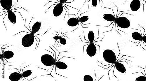Ant silhouettes crawling in scattered pattern on white background, no seamless